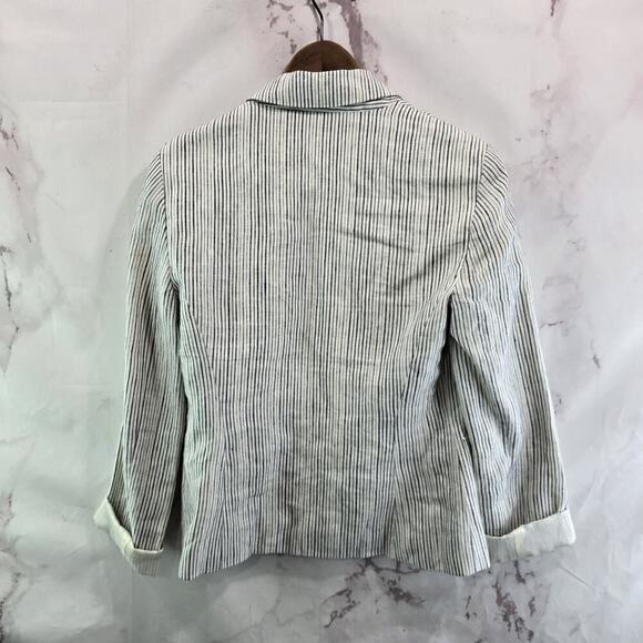Anthropologie Blazer Womens 4 White Navy Blue Linen Pinstripe Jacket Cartonnier - Picture 5 of 14